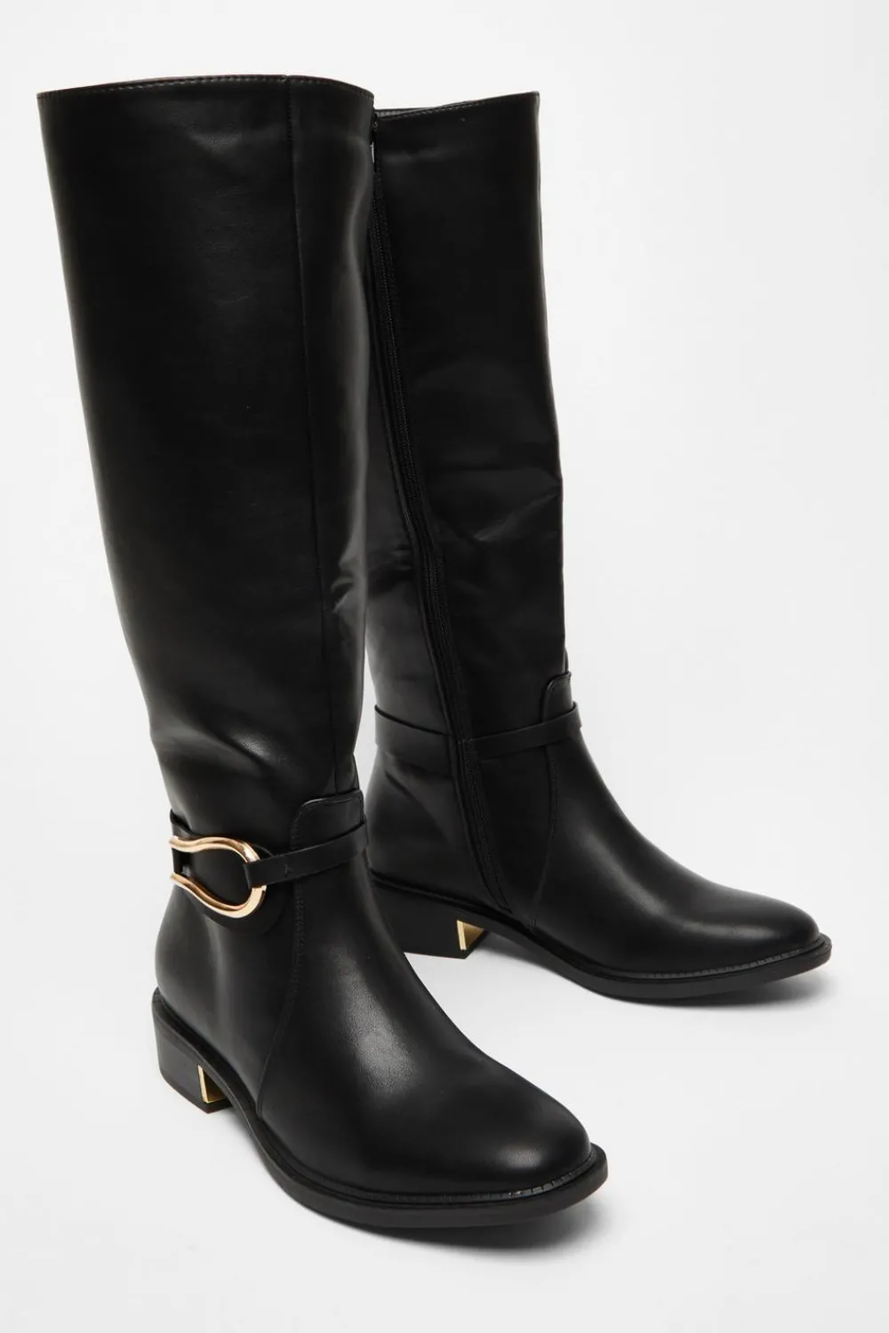 Quiz Wide Fit|Boots>Wide Fit Black Faux Leather Knee High Flat Boots