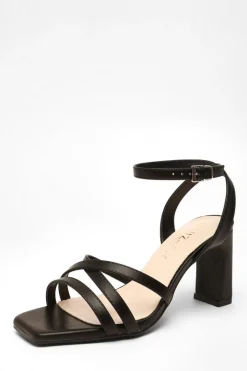 Quiz Wide Fit|Sandals>Wide Fit Black Faux Leather Strappy Heeled Sandals
