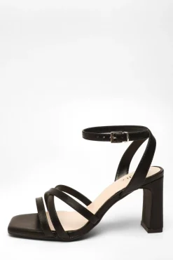 Quiz Wide Fit|Sandals>Wide Fit Black Faux Leather Strappy Heeled Sandals