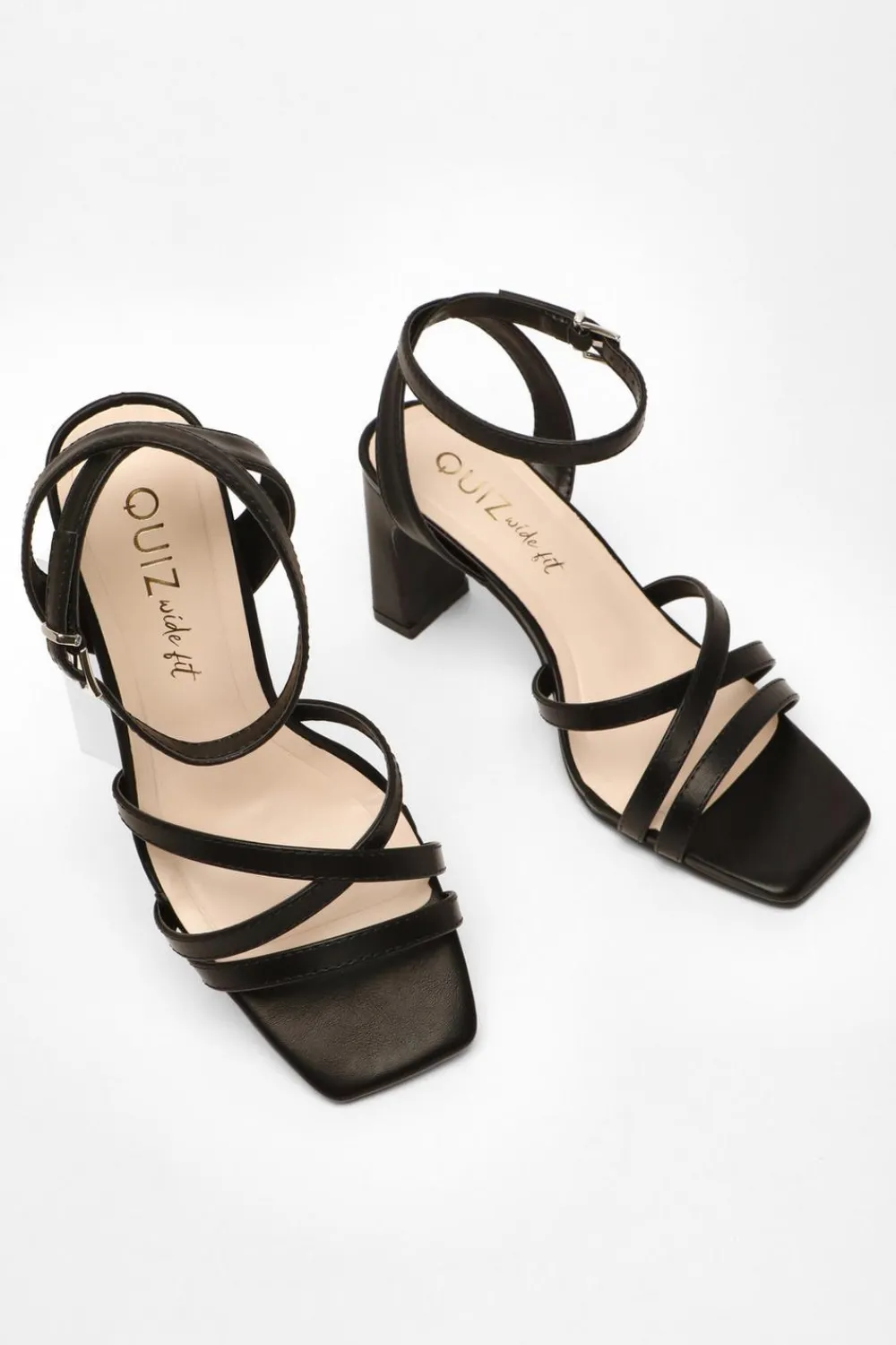Quiz Wide Fit|Sandals>Wide Fit Black Faux Leather Strappy Heeled Sandals