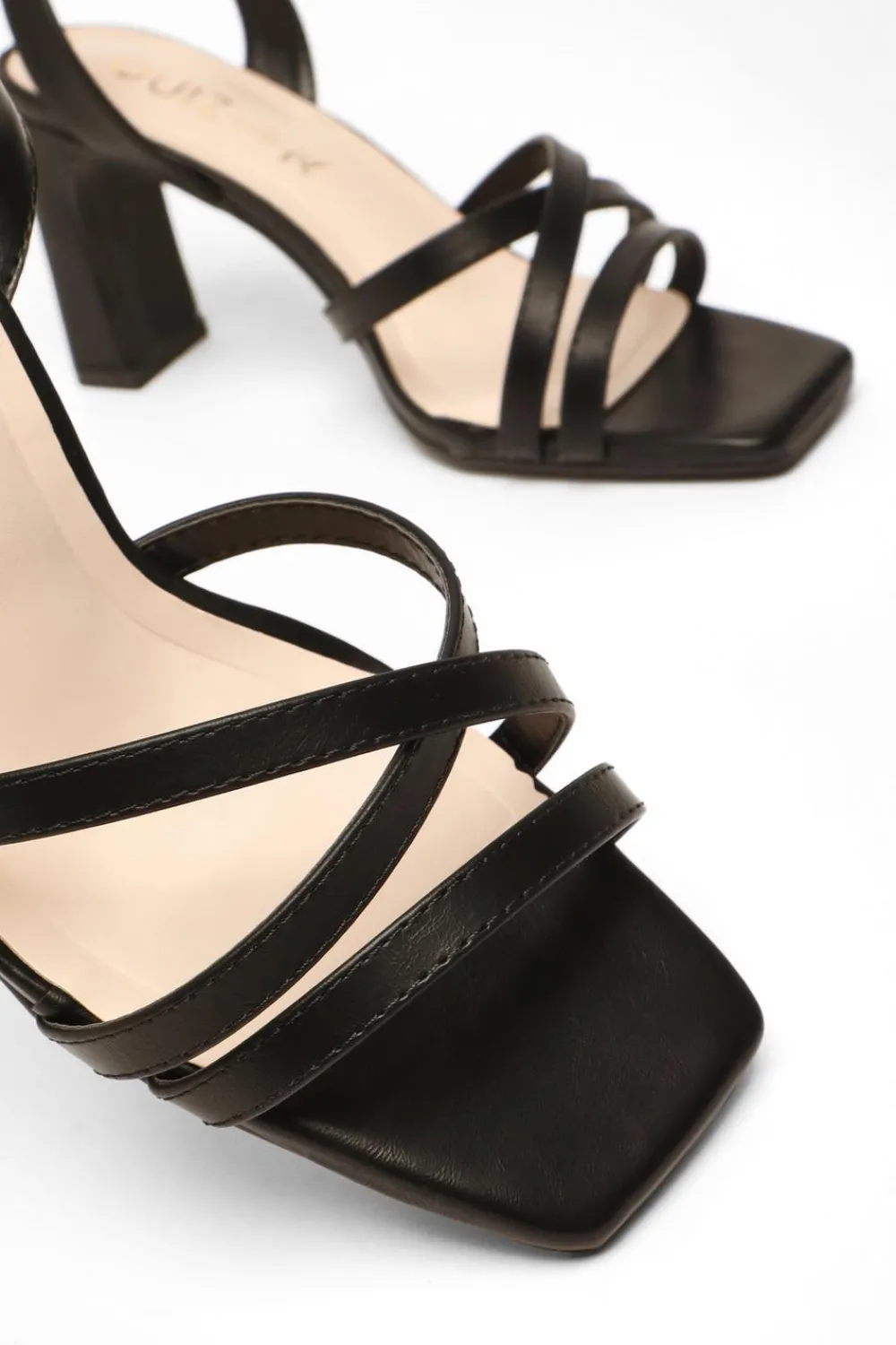 Quiz Wide Fit|Sandals>Wide Fit Black Faux Leather Strappy Heeled Sandals
