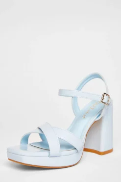 Quiz Wide Fit|Sandals>Wide Fit Blue Faux Leather Block Heels