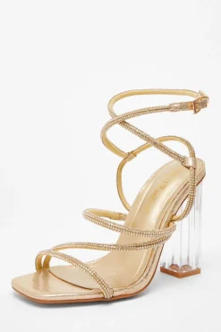 Quiz Wide Fit|Sandals>Wide Fit Gold Diamante Heeled Sandals