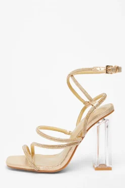 Quiz Wide Fit|Sandals>Wide Fit Gold Diamante Heeled Sandals