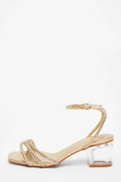 Quiz Wide Fit|Sandals>Wide Fit Gold Diamante Low Heeled Sandal