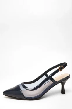 Quiz Wide Fit|Occasion Shoes>Wide Fit Navy Faux Leather Mesh Low Block Heel