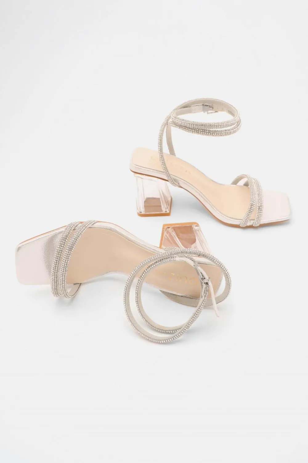 Quiz Wide Fit|Occasion Shoes>Wide Fit Silver Diamante Clear Block Heeled Sandals