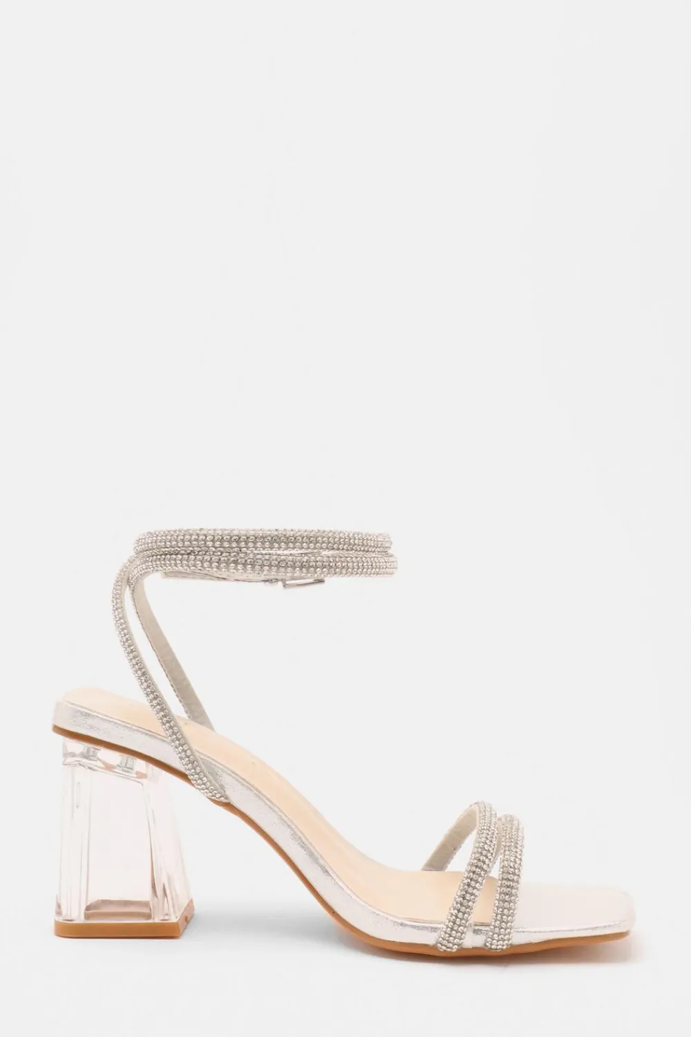 Quiz Wide Fit|Occasion Shoes>Wide Fit Silver Diamante Clear Block Heeled Sandals
