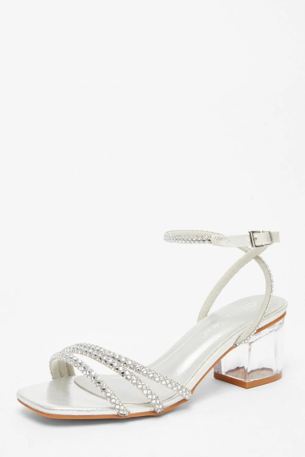 Quiz Wide Fit|Sandals>Wide Fit Silver Diamante Low Heeled Sandal