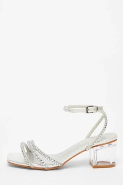 Quiz Wide Fit|Sandals>Wide Fit Silver Diamante Low Heeled Sandal