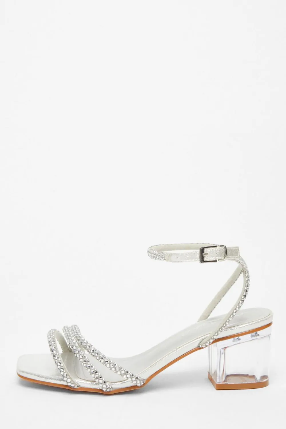 Quiz Wide Fit|Sandals>Wide Fit Silver Diamante Low Heeled Sandal