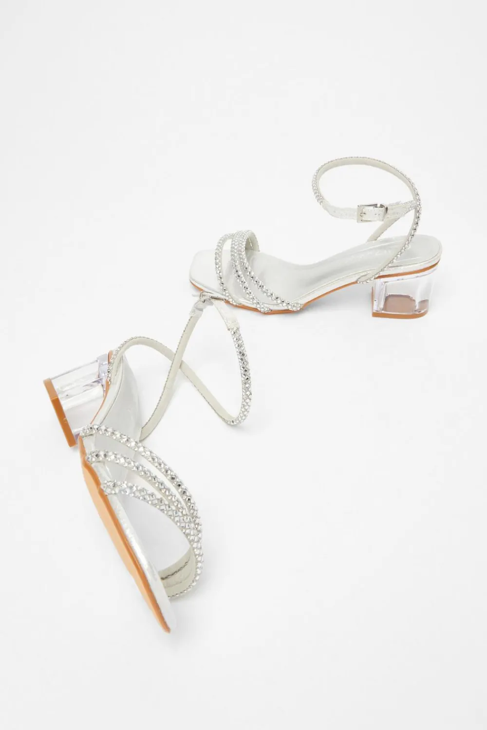Quiz Wide Fit|Sandals>Wide Fit Silver Diamante Low Heeled Sandal