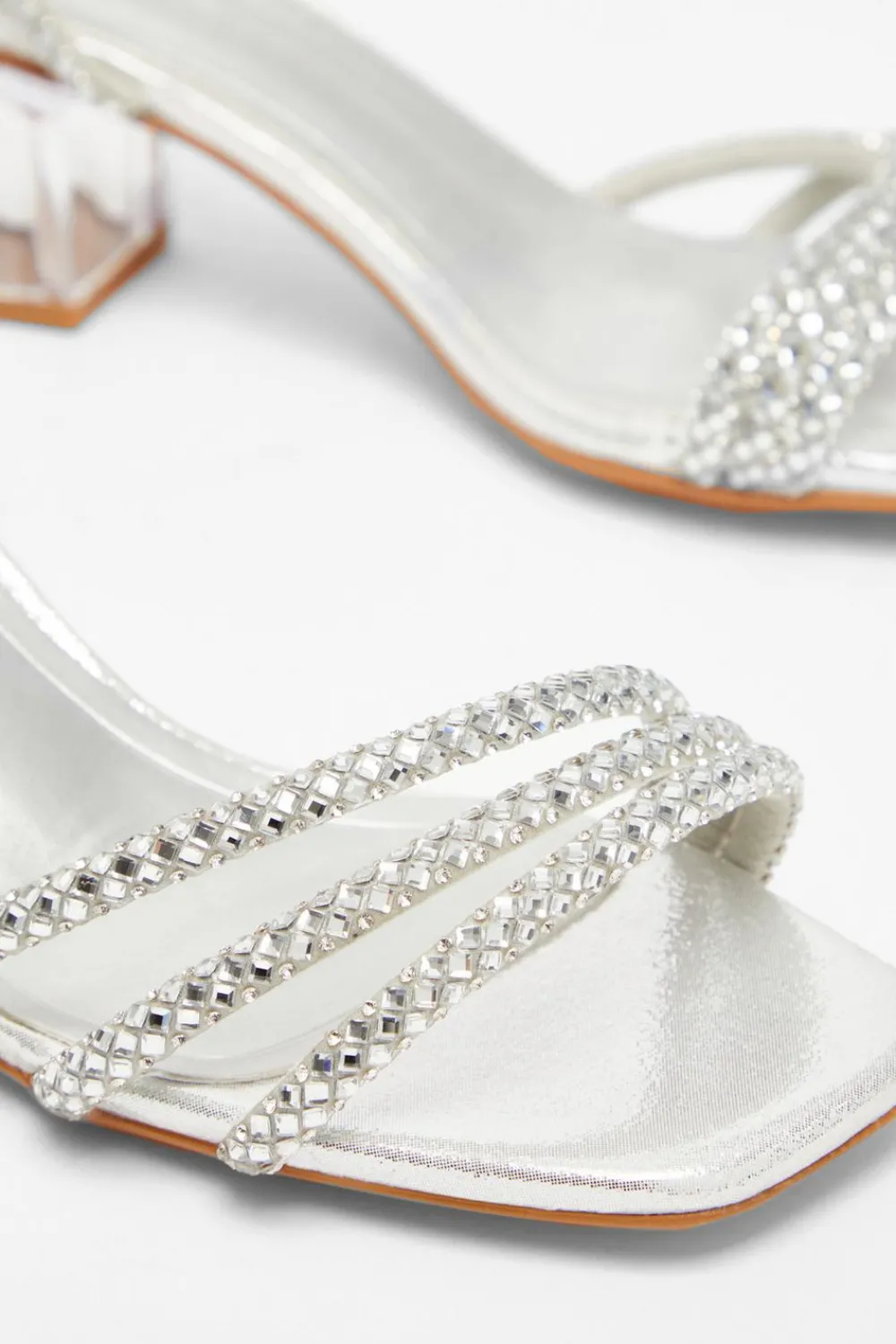 Quiz Wide Fit|Sandals>Wide Fit Silver Diamante Low Heeled Sandal