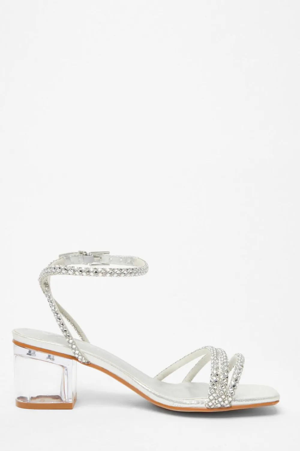 Quiz Wide Fit|Sandals>Wide Fit Silver Diamante Low Heeled Sandal
