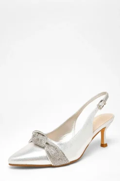 Quiz Heels|Wide Fit>Wide Fit Silver Diamante Knot Sling Back Low Heels