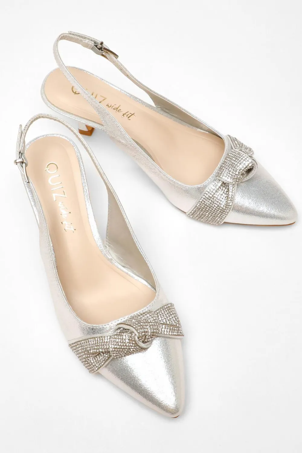 Quiz Heels|Wide Fit>Wide Fit Silver Diamante Knot Sling Back Low Heels