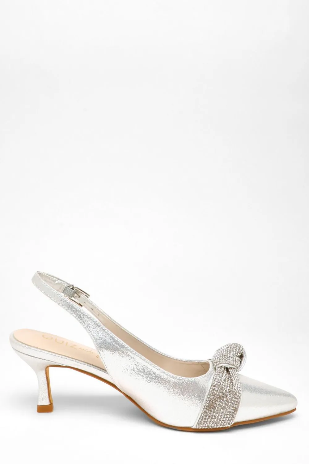 Quiz Heels|Wide Fit>Wide Fit Silver Diamante Knot Sling Back Low Heels