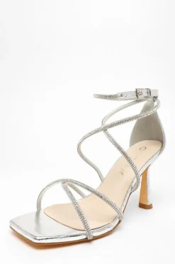 Quiz Wide Fit|Occasion Shoes>Wide Fit Silver Diamante Cross Strap Heeled Sandals