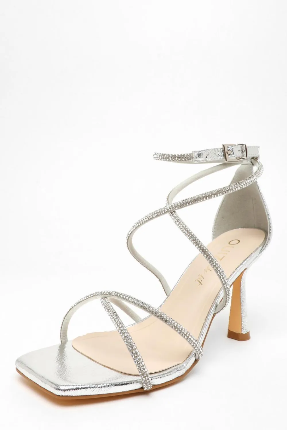 Quiz Wide Fit|Occasion Shoes>Wide Fit Silver Diamante Cross Strap Heeled Sandals