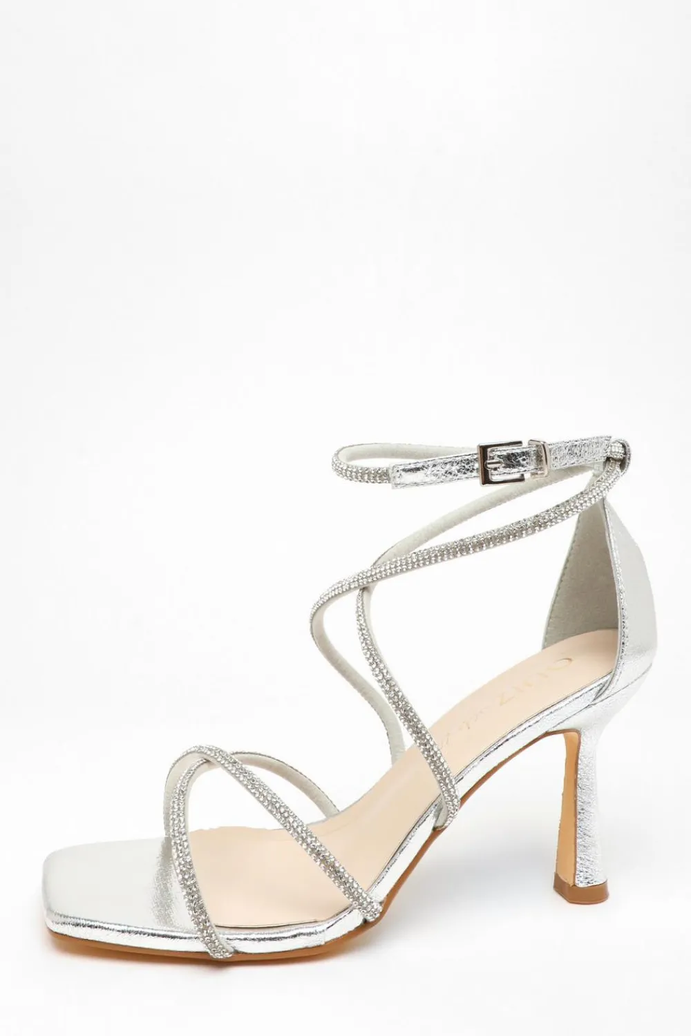 Quiz Wide Fit|Occasion Shoes>Wide Fit Silver Diamante Cross Strap Heeled Sandals