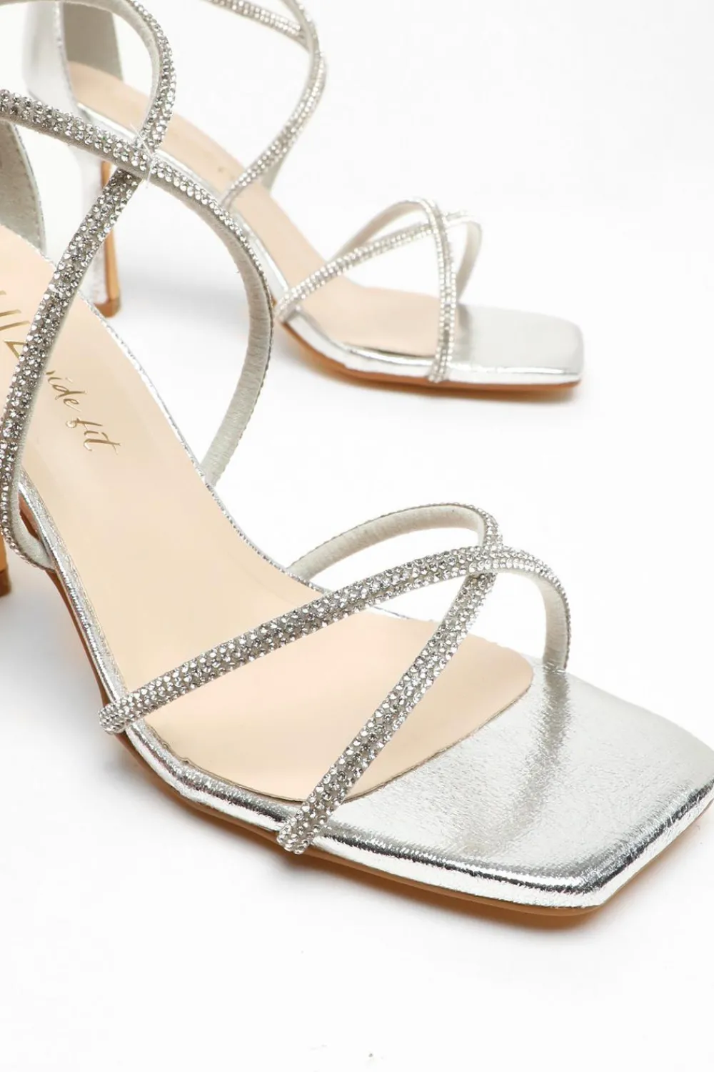 Quiz Wide Fit|Occasion Shoes>Wide Fit Silver Diamante Cross Strap Heeled Sandals
