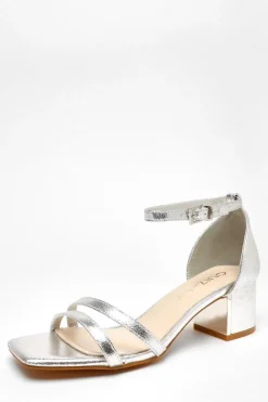 Quiz Wide Fit|Occasion Shoes>Wide Fit Silver Foil Strappy Low Block Heeled Sandals