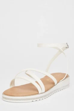 Quiz Wide Fit|Sandals>Wide Fit White Glitter Flat Sandals
