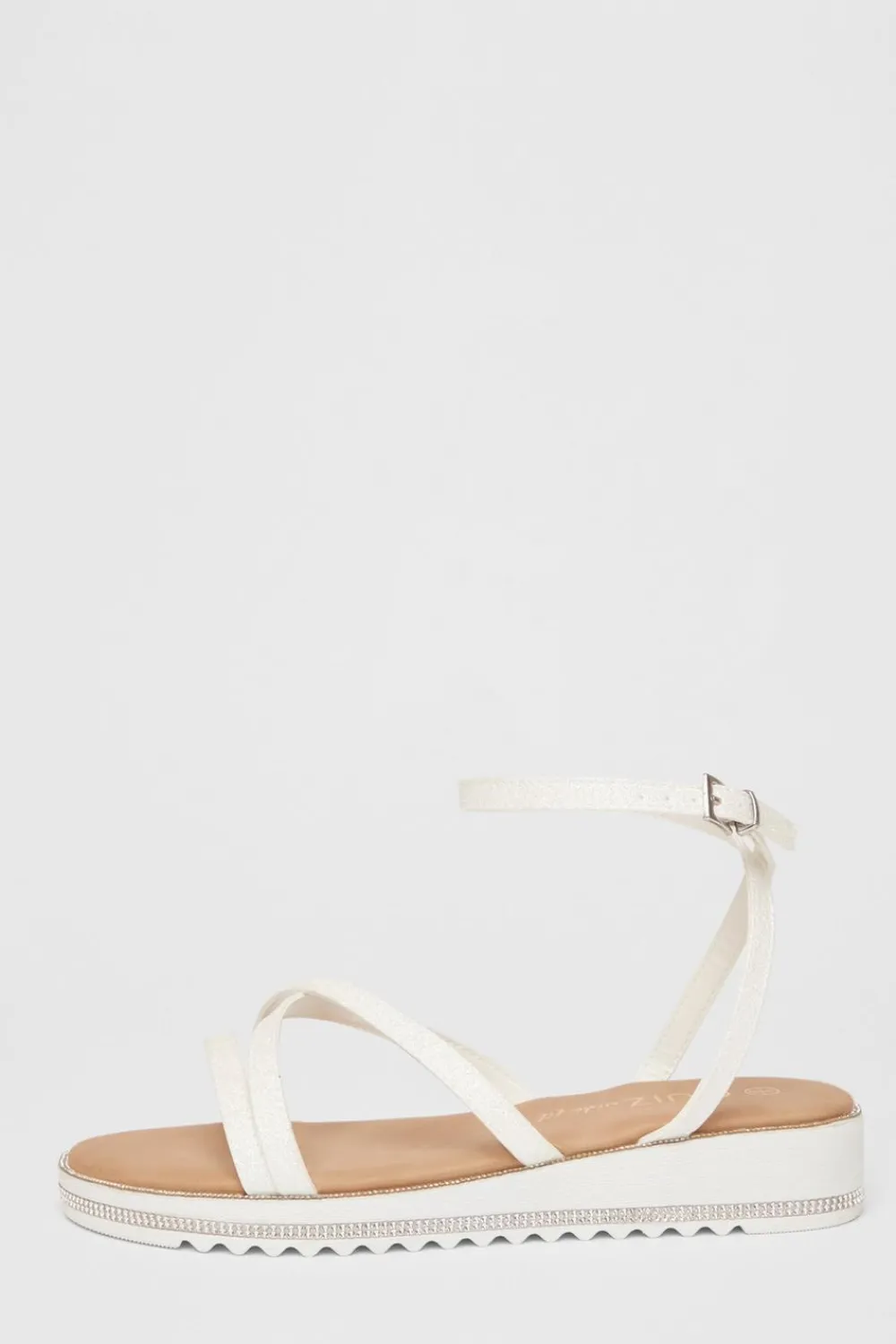 Quiz Wide Fit|Sandals>Wide Fit White Glitter Flat Sandals