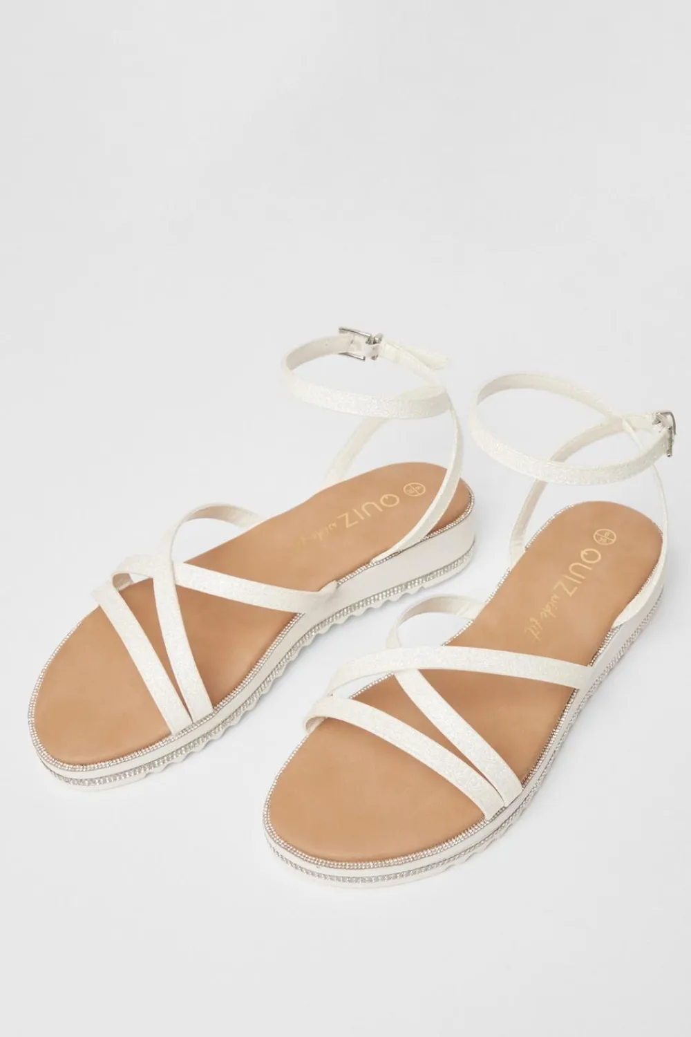 Quiz Wide Fit|Sandals>Wide Fit White Glitter Flat Sandals