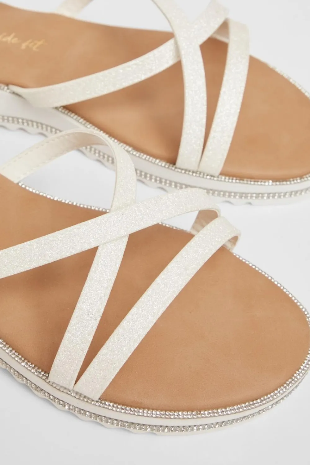 Quiz Wide Fit|Sandals>Wide Fit White Glitter Flat Sandals