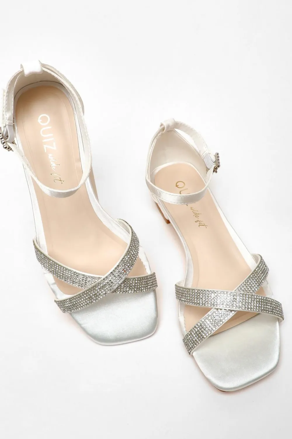 Quiz Wide Fit|Occasion Shoes>Wide Fit White Shimmer Diamante Cross Strap Flat Sandals
