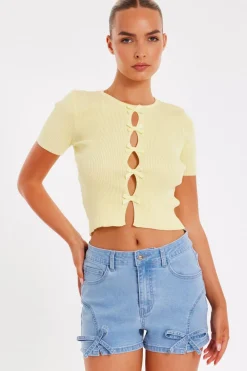 Quiz Summer Tops|Day Tops>Yellow Knitted Bow Detail Top